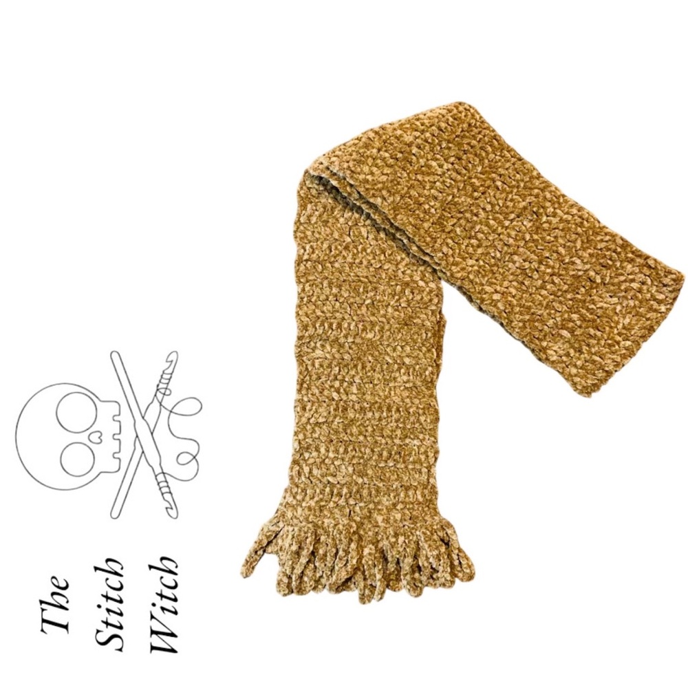 HAND CROCHETED Super Soft Plush Chenille Tan Scarf with Fringe
